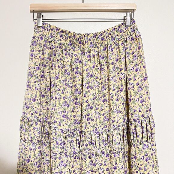 ENGLISH FACTORY Floral Tiered Midi Skirt Cottagecore Prairie Sz L Yellow Purple - Picture 3 of 8